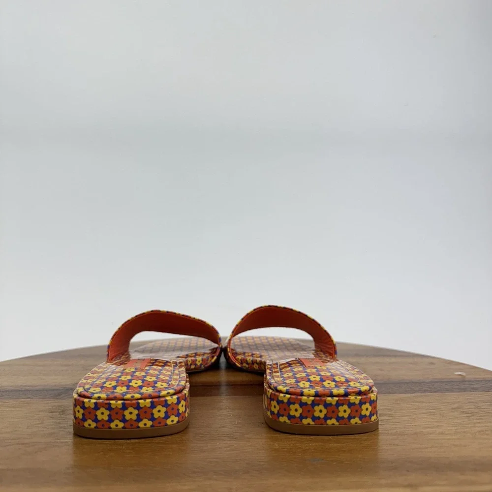 New Womens Larroude Athena Orange Blue Floral Heeled Slide Sandals Size 7 M NWOB